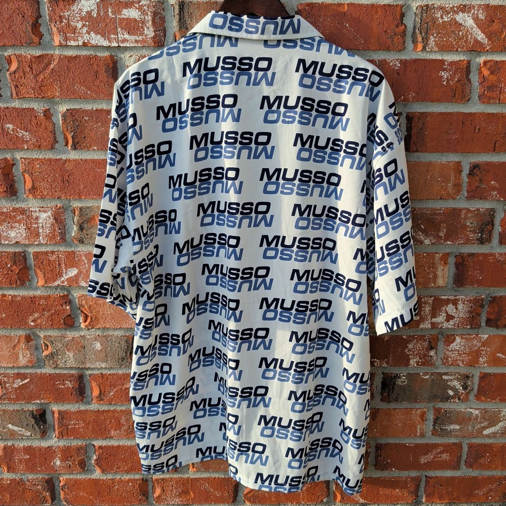 Musso Button Up Shirt Mens XL White Blue Logo Print Streetwear‎ Short Sleeve - Picture 2 of 5